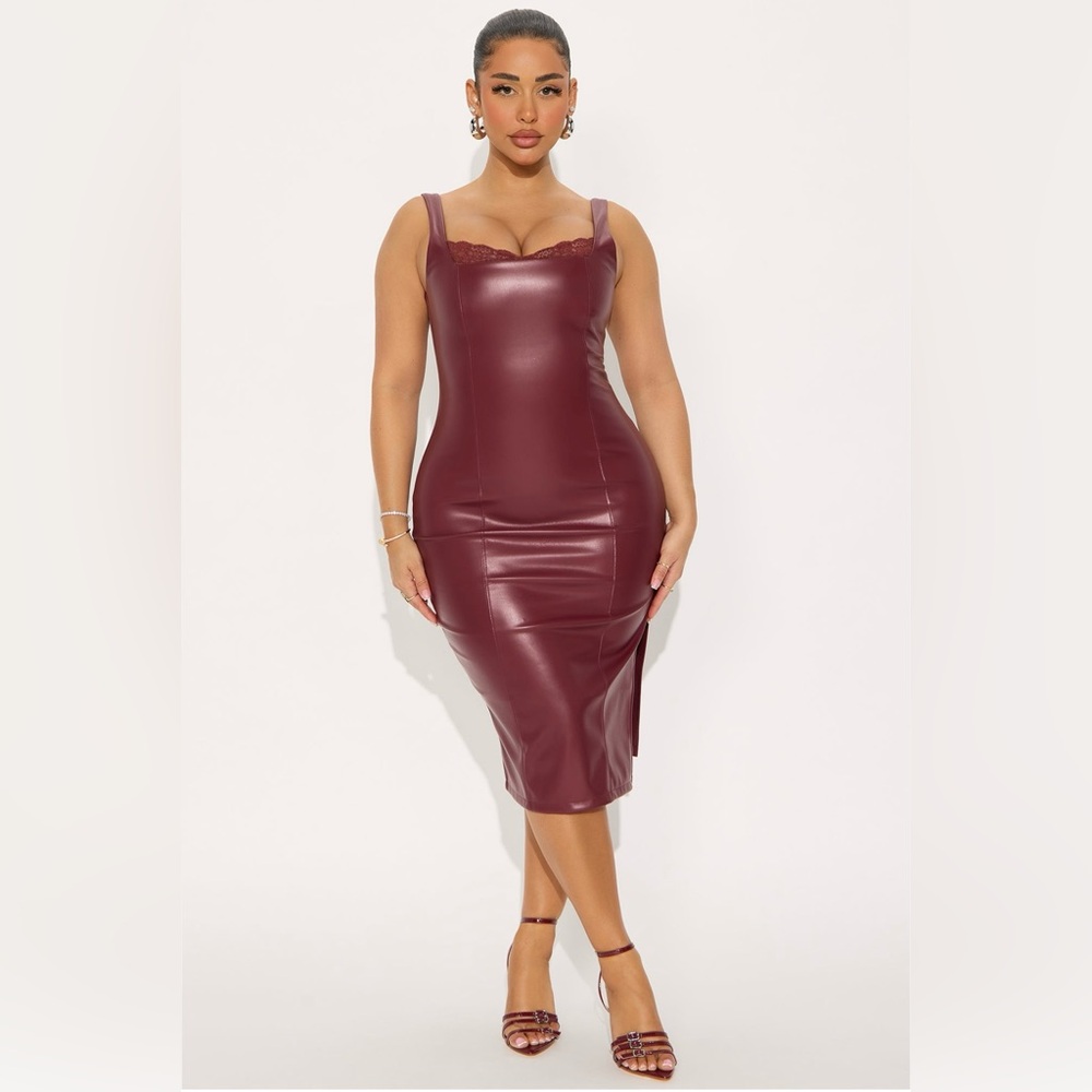 Elegant Faux Leather Burgundy Midi Dress
